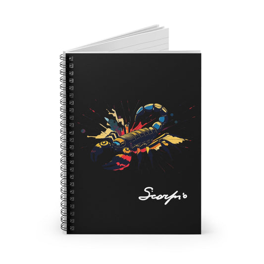 Notebook with a colorful abstract Scorpio scorpion illustration, raised stinger, intricate tail and pincers, geometric patterns, and paint splatters on a black background, featuring the word "Scorpio".