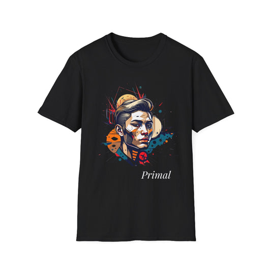 Black unisex cotton t-shirt featuring bold Primal graphic print: stylized intense clean-shaven man portrait with short slicked-back hair, vibrant multicolored geometric face in orange, teal, red, yellow and blue tones, dynamic paint splatters and abstract shards exploding outward, moon accent detail. Elegant white cursive "Primal" text below. Primal masculine energy motivational crewneck tee.