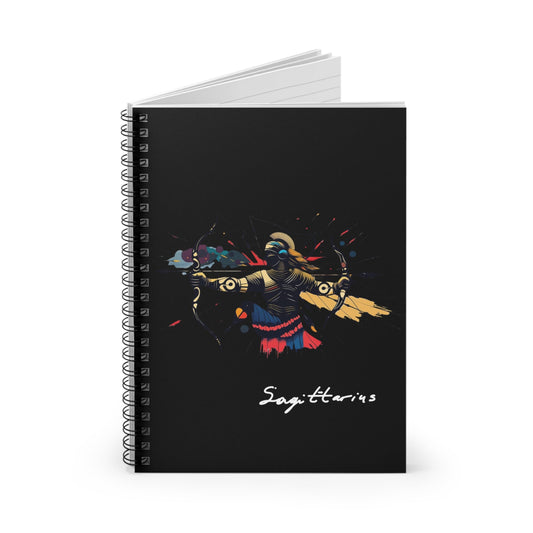 Notebook with a colorful abstract archer drawing a bow in dynamic warrior pose, flowing cape, and paint splatters on a black background, featuring the word "Sagittarius" in elegant white cursive.