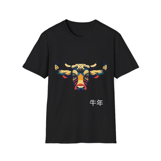 Black unisex cotton t-shirt featuring bold Year of the Ox graphic: vibrant abstract ox/bull face portrait with large curved horns, intense eyes, geometric patterns, and dynamic multicolored paint splatters in gold, red, blue, teal, and black tones exploding outward. Chinese text "牛年" (Year of the Ox) printed below in black. Zodiac Chinese New Year motivational crewneck tee.