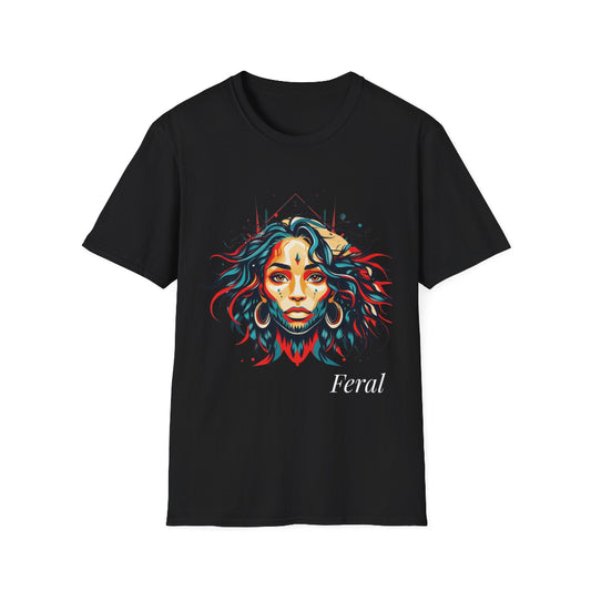 Black unisex cotton t-shirt featuring bold "Feral" graphic: vibrant abstract portrait of a fierce woman with wild flowing hair in blue and red tones, intense expression, tribal markings and forehead jewel, colorful geometric accents, and dynamic paint splatters bursting outward around an orange moon background. White elegant cursive "Feral" text below. Wild feminine energy motivational crewneck tee.