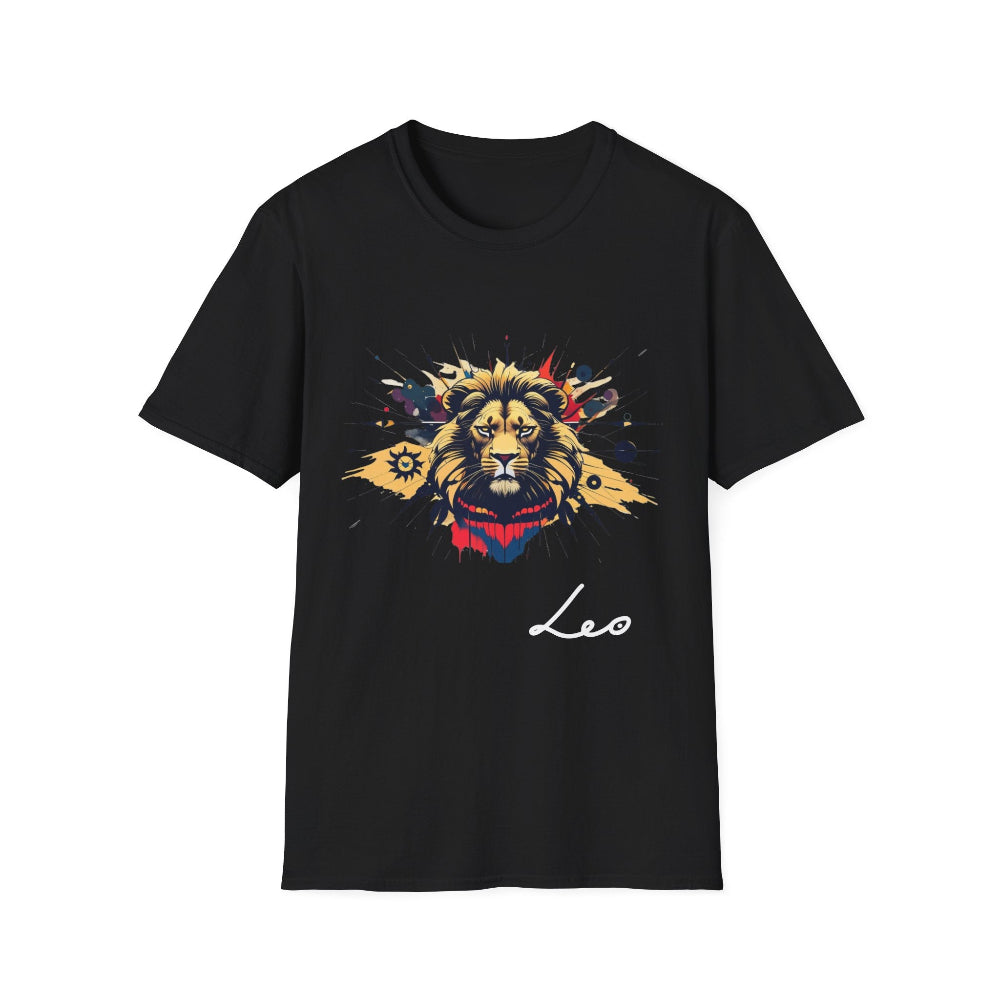 Black unisex cotton t-shirt featuring bold Leo zodiac graphic: vibrant abstract lion head portrait with powerful flowing mane, fierce intense eyes, regal expression, geometric accents, and dynamic multicolored paint splatters in gold, red, navy, teal, and black tones exploding outward. Elegant white cursive "Leo" text below. Astrology zodiac motivational crewneck tee.