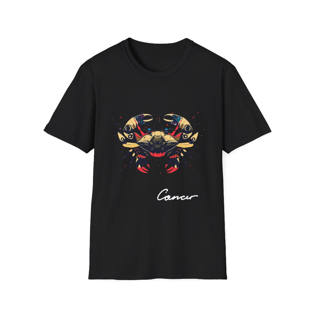 Black unisex cotton t-shirt featuring bold Cancer zodiac graphic: vibrant abstract crab portrait with large claws, intense eyes, symmetrical geometric shell patterns, and dynamic multicolored paint splatters in gold, red, navy, teal, and black tones exploding outward. Elegant white cursive "Cancer" text below. Astrology zodiac motivational crewneck tee.