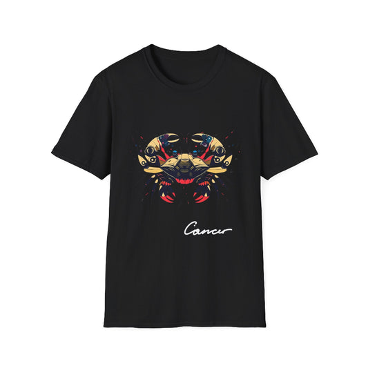 Black unisex cotton t-shirt featuring bold Cancer zodiac graphic: vibrant abstract crab portrait with large claws, intense eyes, symmetrical geometric shell patterns, and dynamic multicolored paint splatters in gold, red, navy, teal, and black tones exploding outward. Elegant white cursive "Cancer" text below. Astrology zodiac motivational crewneck tee.