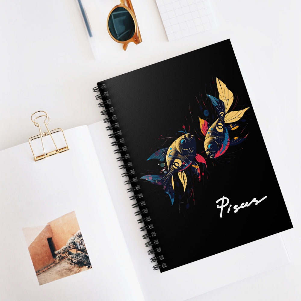 Notebook with a colorful abstract pair of mirrored fish swimming, detailed scales, flowing fins, and paint splatters on a black background, featuring the word "Pisces" in elegant white cursive, placed on a minimal white desk with sunglasses and stationery items.