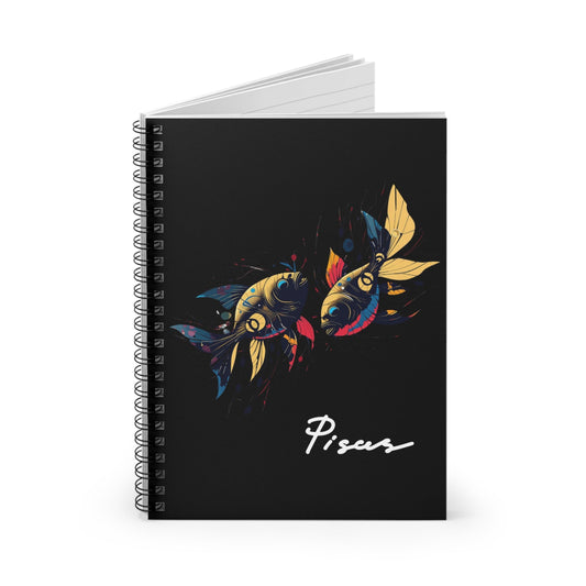 Notebook with a colorful abstract pair of mirrored fish swimming, detailed scales, flowing fins, and paint splatters on a black background, featuring the word "Pisces" in elegant white cursive.
