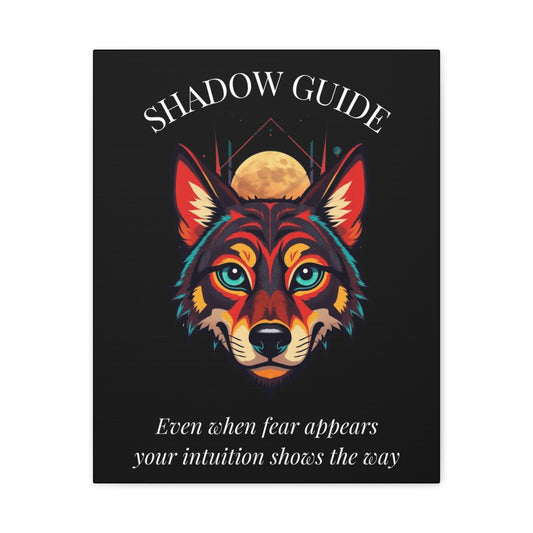 Close up of black canvas wall art print of colorful abstract wolf head with intense blue-green eyes, geometric accents, and cosmic splatters on dark background. Arched white text "SHADOW GUIDE" above and quote "Even when fear appears, your intuition shows the way" below.