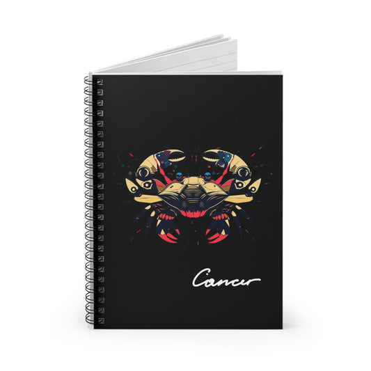 Notebook with a colorful abstract Cancer crab illustration, intricate claws, and cosmic splatters on a black background, featuring the word "Cancer".
