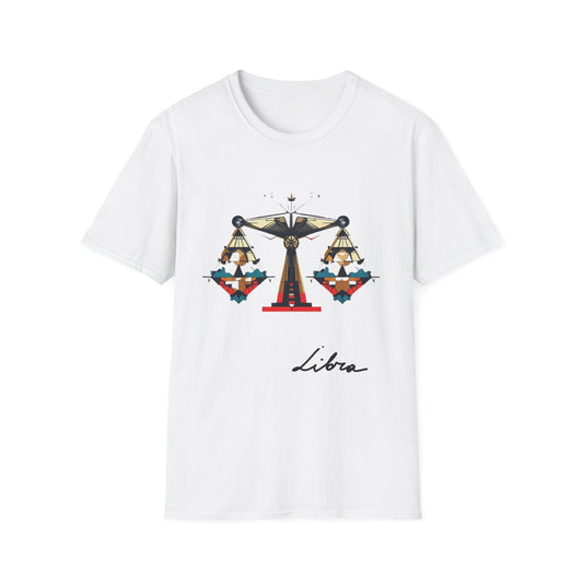 White unisex cotton t-shirt featuring bold Libra zodiac graphic: vibrant abstract scales of justice with balanced arms, intricate geometric and triangular motifs, central axis design, symmetrical layout, and dynamic multicolored paint splatters in gold, red, navy, teal, and black tones bursting outward. Elegant black cursive "Libra" text below. Astrology zodiac motivational crewneck tee.
