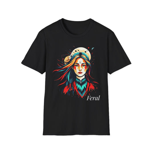 Black unisex cotton t-shirt featuring bold "Feral" graphic: vibrant abstract portrait of a fierce woman with wild flowing multicolored hair, intense expression, tribal markings and forehead jewel, colorful geometric accents, and dynamic paint splatters in red, orange, teal, blue, and gold tones bursting outward around an orange moon background. White elegant cursive "Feral" text below. Wild feminine energy motivational crewneck tee.