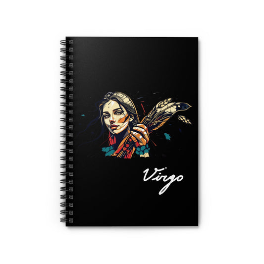 Notebook with a colorful abstract Virgo woman holding wheat sheaf, serene expression, flowing hair, and paint splatters on a black background, featuring the word "Virgo".