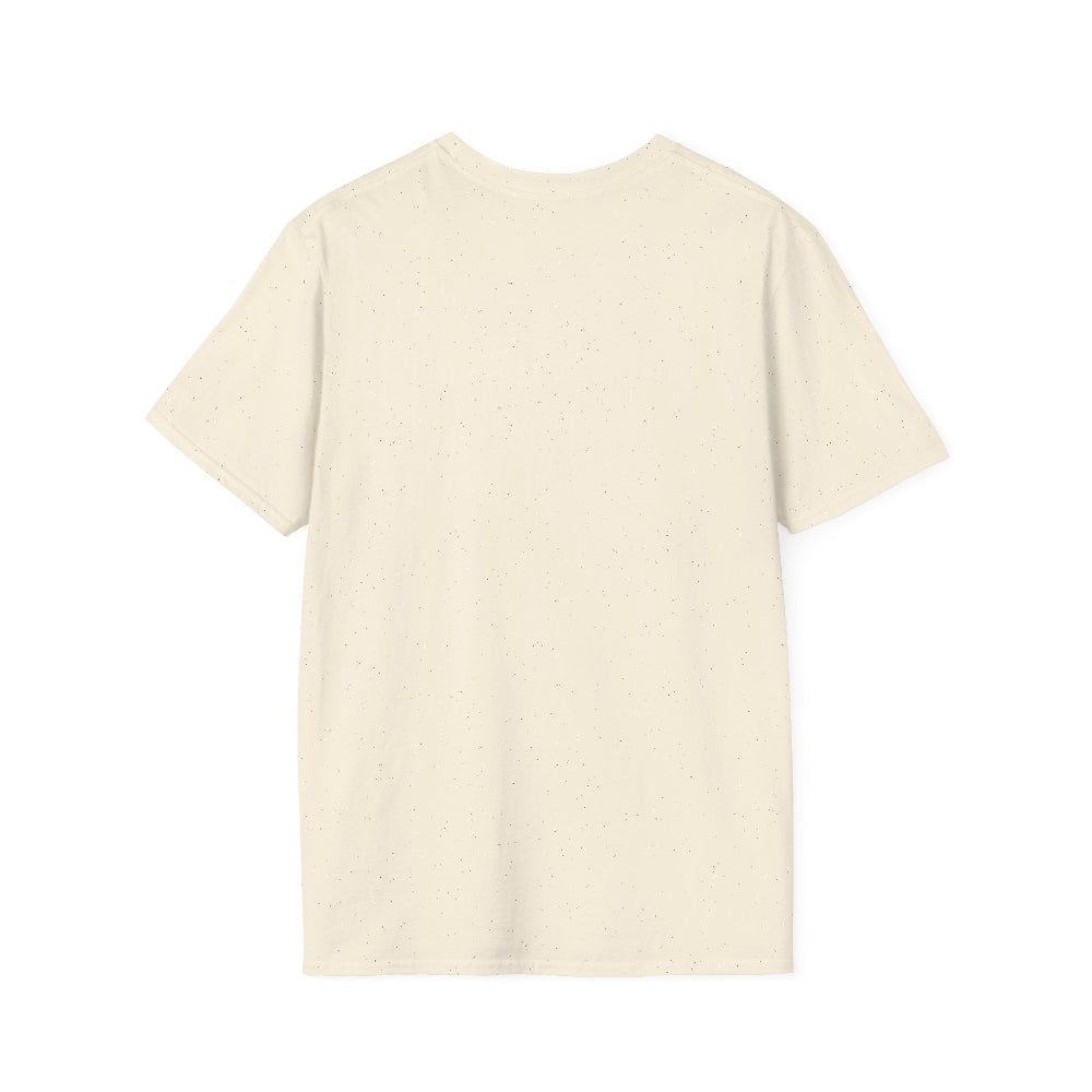 Cream speckled t-shirt shown from the back on a white background.