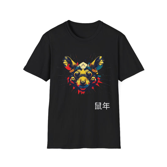 Black unisex cotton t-shirt featuring bold Year of the Rat graphic: vibrant abstract rat face portrait with large expressive ears, intense glowing eyes, geometric patterns, and dynamic multicolored paint splatters in yellow, red, blue, teal, and orange tones exploding outward. Chinese text "鼠年" (Year of the Rat) printed below in white. Zodiac Chinese New Year motivational crewneck tee.