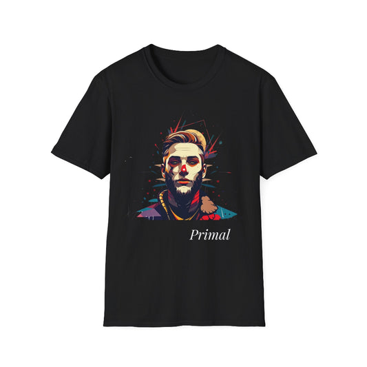 Black unisex cotton t-shirt featuring bold Primal graphic print: stylized intense bearded man portrait with stylish hair, red clown nose accent, vibrant multicolored geometric shards in red, orange, teal, and blue tones, dynamic paint splatters exploding outward, necklace detail. Elegant white cursive "Primal" text below. Primal masculine energy motivational crewneck tee.