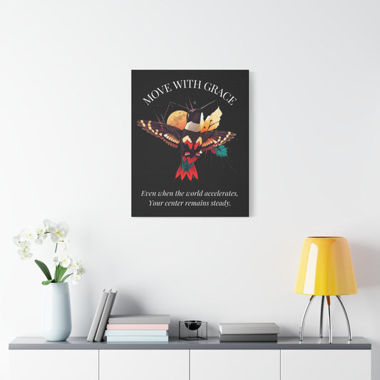Motivational 'Move With Grace' hummingbird canvas wall art displayed in a bright minimalist interior with white walls, console table decor, white orchids, and yellow lamp.