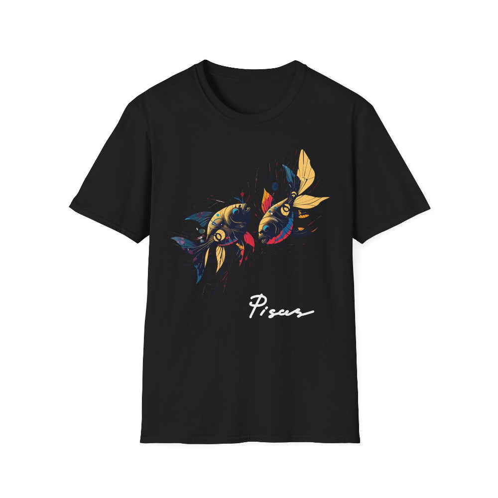 Black unisex cotton t-shirt featuring bold Pisces zodiac graphic: vibrant abstract twin goldfish swimming in mirrored formation, detailed scales and flowing fins, intense eyes, geometric accents, and dynamic multicolored paint splatters in gold, red, navy, teal, blue, and black tones bursting outward. Elegant white cursive "Pisces" text below. Astrology zodiac motivational crewneck tee.