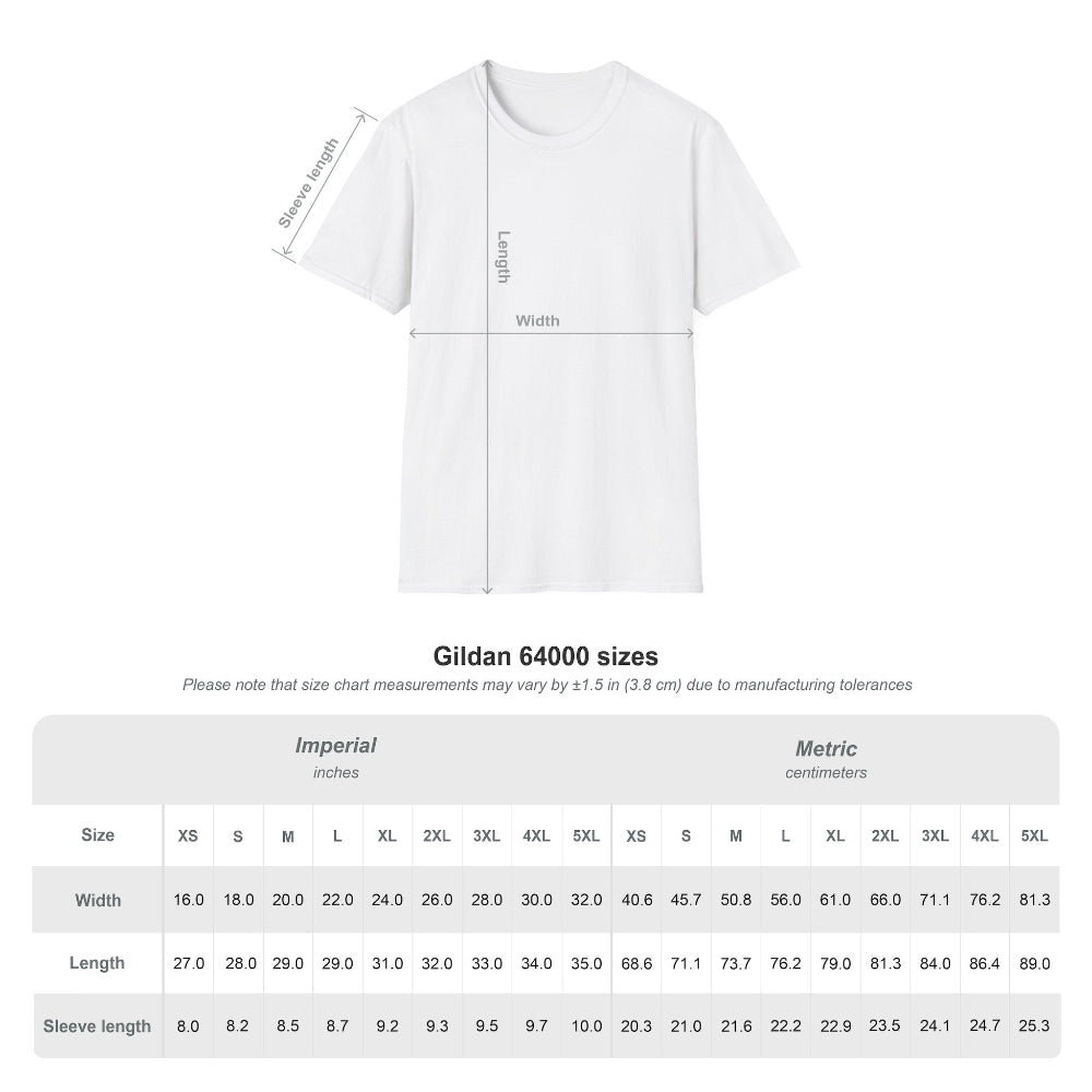 White unisex t-shirt size chart for Gildan 64000 Soft style: flat lay view of white crewneck tee with labeled sleeve length, body length, and width dimensions. Detailed sizing table in imperial inches and metric cm from XS to 5XL, including manufacturing tolerance note ±1.5 inches (3.8 cm). Accurate cotton t-shirt fit guide.