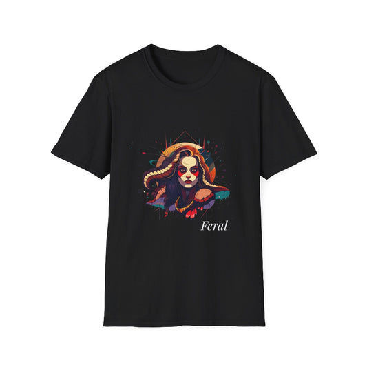 Black unisex cotton t-shirt featuring bold "Feral" graphic: vibrant abstract portrait of a fierce woman with wild flowing horn-like hair, intense red eye makeup, tribal markings, colorful geometric accents, and dynamic paint splatters in red, orange, teal, blue, and gold tones bursting outward around an orange moon background. White elegant cursive "Feral" text below. Wild feminine energy motivational crewneck tee.