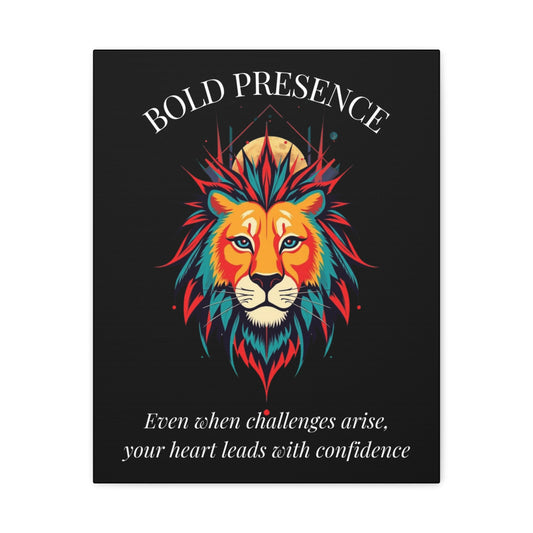 Close up of black canvas wall art print of colorful abstract lion head with intense expression, flowing mane, geometric accents, and cosmic splatters on dark background. Arched white text "BOLD PRESENCE" above and quote "Even when challenges arise, your heart leads with confidence" below.