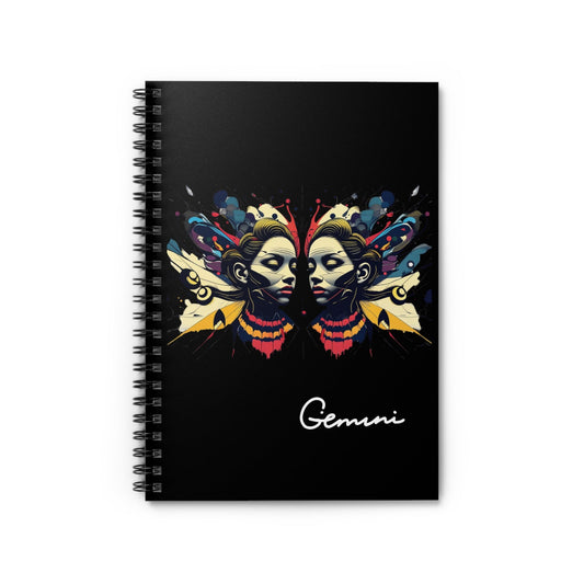 Notebook with a colorful design of twins and the word 'Gemini' on a black background