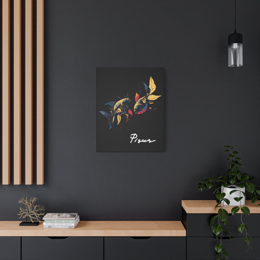 Black canvas wall art print of colorful abstract mirrored fish with flowing fins and cosmic splatters on dark background, featuring "Pisces" in elegant white cursive hung on a dark grey wall above a wooden shelf with potted plants.