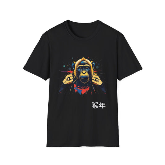 Black unisex cotton t-shirt featuring bold Year of the Monkey zodiac graphic: vibrant abstract monkey face portrait with intense glowing eyes, detailed fur texture, playful fierce expression, raised fists pose, geometric accents, and dynamic multicolored paint splatters in gold, red, blue, teal, orange, and black tones exploding outward. Chinese text "猴年" (Year of the Monkey) printed below in white. Chinese New Year zodiac motivational crewneck tee.