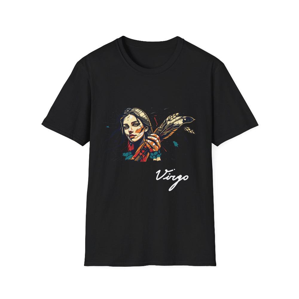 Black unisex cotton t-shirt featuring bold Virgo zodiac graphic: vibrant abstract woman holding wheat sheaf, serene expression, flowing hair with headscarf, detailed feathers, geometric accents, and dynamic multicolored paint splatters in gold, red, navy, teal, and black tones bursting outward. Elegant white cursive "Virgo" text below. Astrology zodiac motivational crewneck tee.