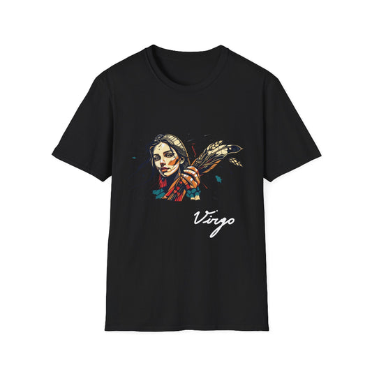 Black unisex cotton t-shirt featuring bold Virgo zodiac graphic: vibrant abstract woman holding wheat sheaf, serene expression, flowing hair with headscarf, detailed feathers, geometric accents, and dynamic multicolored paint splatters in gold, red, navy, teal, and black tones bursting outward. Elegant white cursive "Virgo" text below. Astrology zodiac motivational crewneck tee.