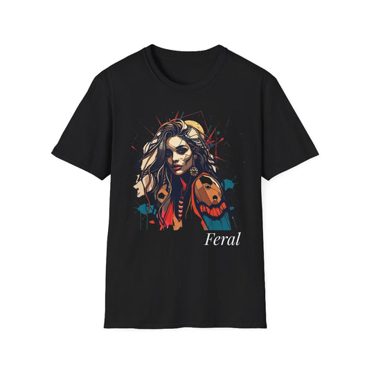 Black unisex cotton t-shirt featuring bold "Feral" graphic: vibrant abstract portrait of a fierce woman with wild flowing hair, intense expression, tribal markings, colorful geometric accents, and dynamic paint splatters in red, orange, teal, blue, and gold tones bursting outward around an orange moon background. White elegant cursive "Feral" text below. Wild feminine energy motivational crewneck tee.