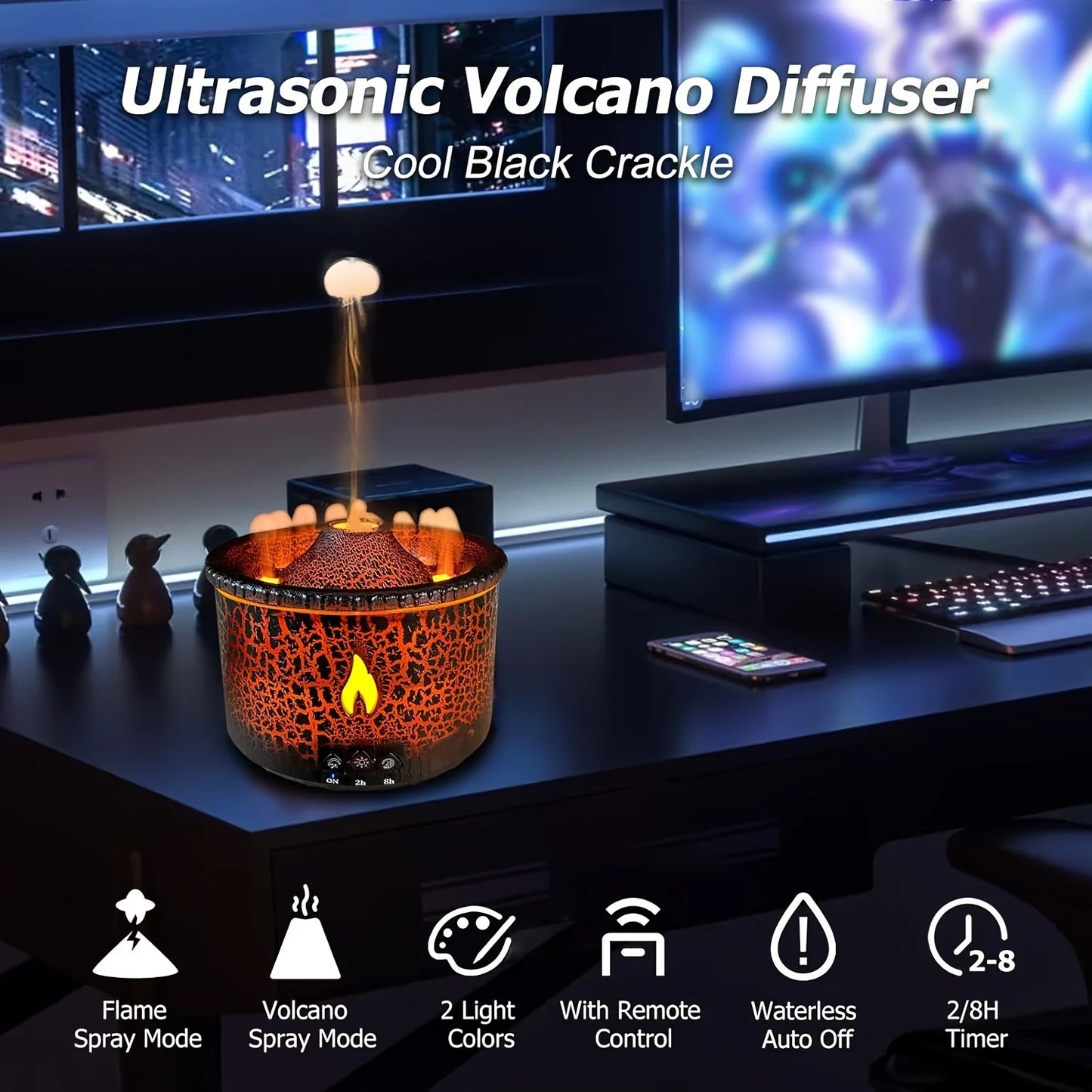 2025 Volcano Diffuser Essential Oil Diffuser 10.14oz Volcano Humidifier With Flame & Flame Diffusers For Home Bedroom Black