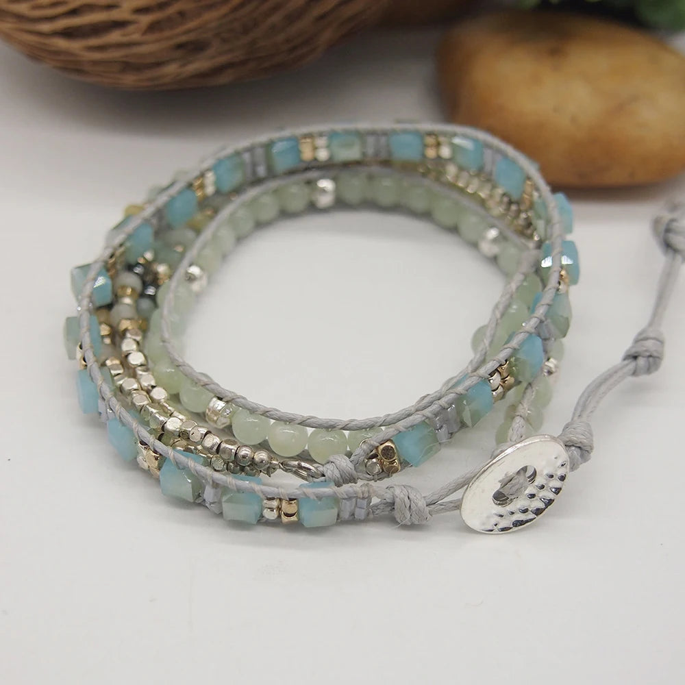 Amazonite Triple Wrap Bracelet – Bohemian Beadwork Unisex Jewelry