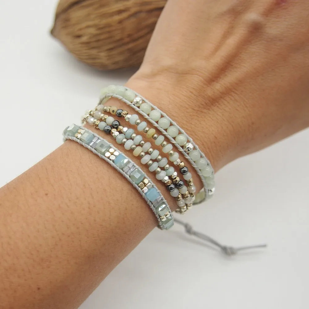 Amazonite Triple Wrap Bracelet – Bohemian Beadwork Unisex Jewelry