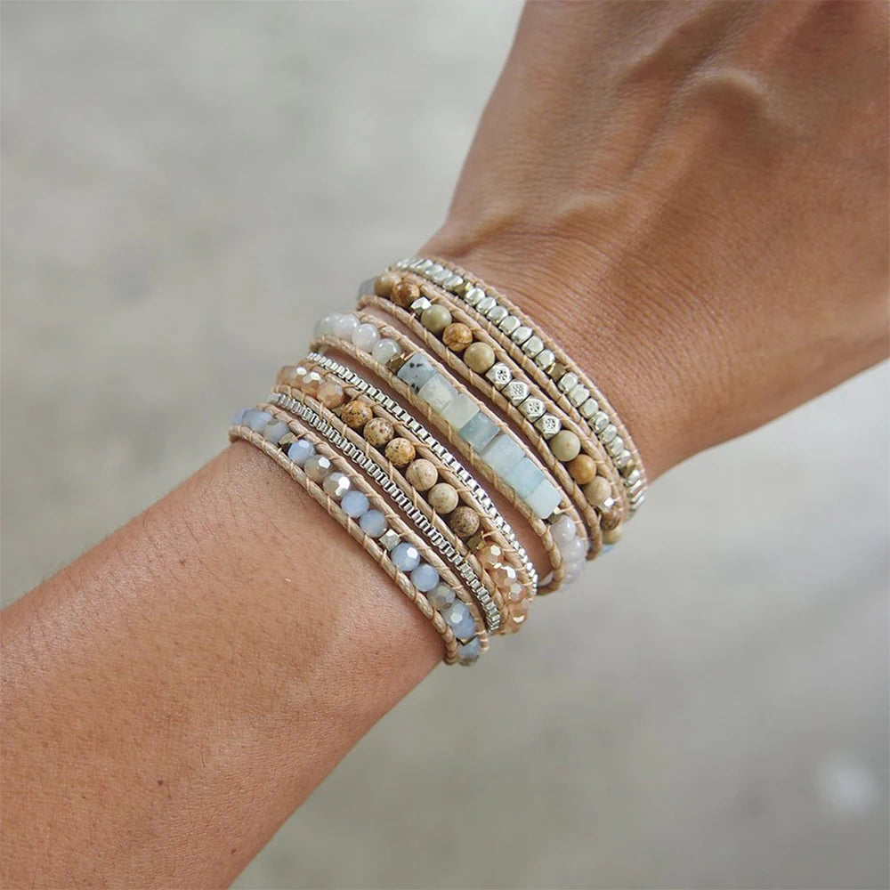 Natural Amazonite Mix 5 Wrap Bracelet – Boho Unisex Jewelry