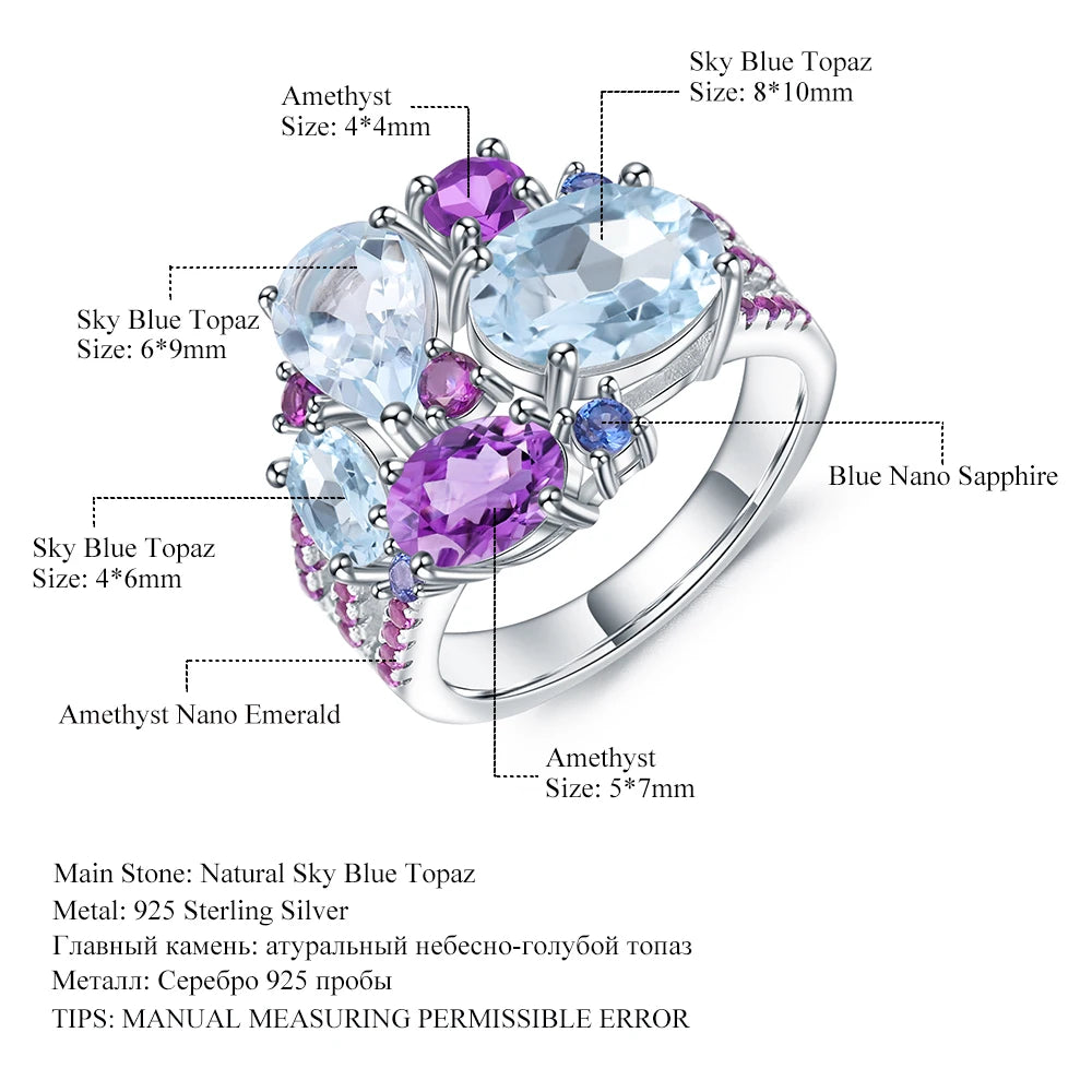 925 Sterling Silver 5.65Ct Sky Blue Topaz Amethyst Crystal Ring