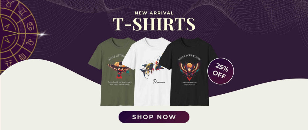 Promotional banner for new arrival t-shirts on a purple background with zodiac wheel. Three t-shirts displayed: olive green "Move With Grace" hummingbird design, white "Pisces" fish graphic, and black "Trust Your Vision" phoenix design. 25% off badge and "Shop Now" button. Motivational spiritual apparel collection.