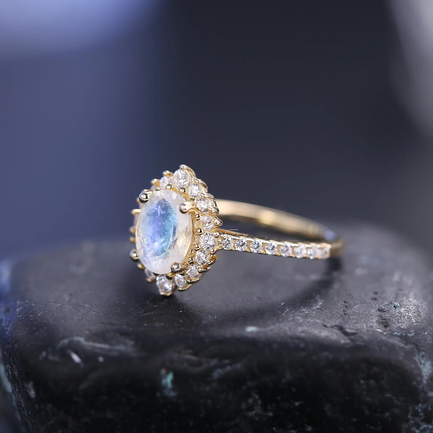 925 Sterling Silver Milky Blue Moonstone Halo Engagement Ring