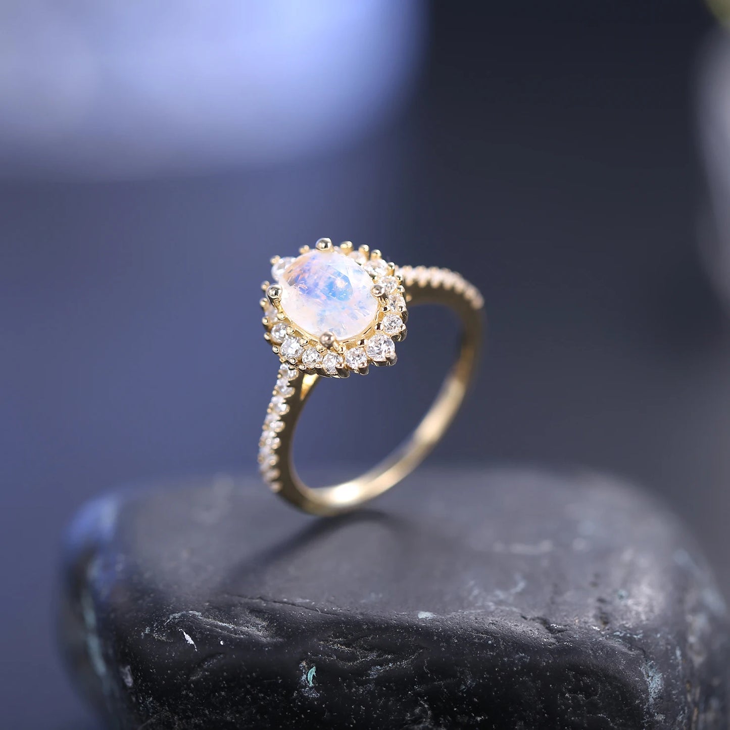 925 Sterling Silver Milky Blue Moonstone Halo Engagement Ring