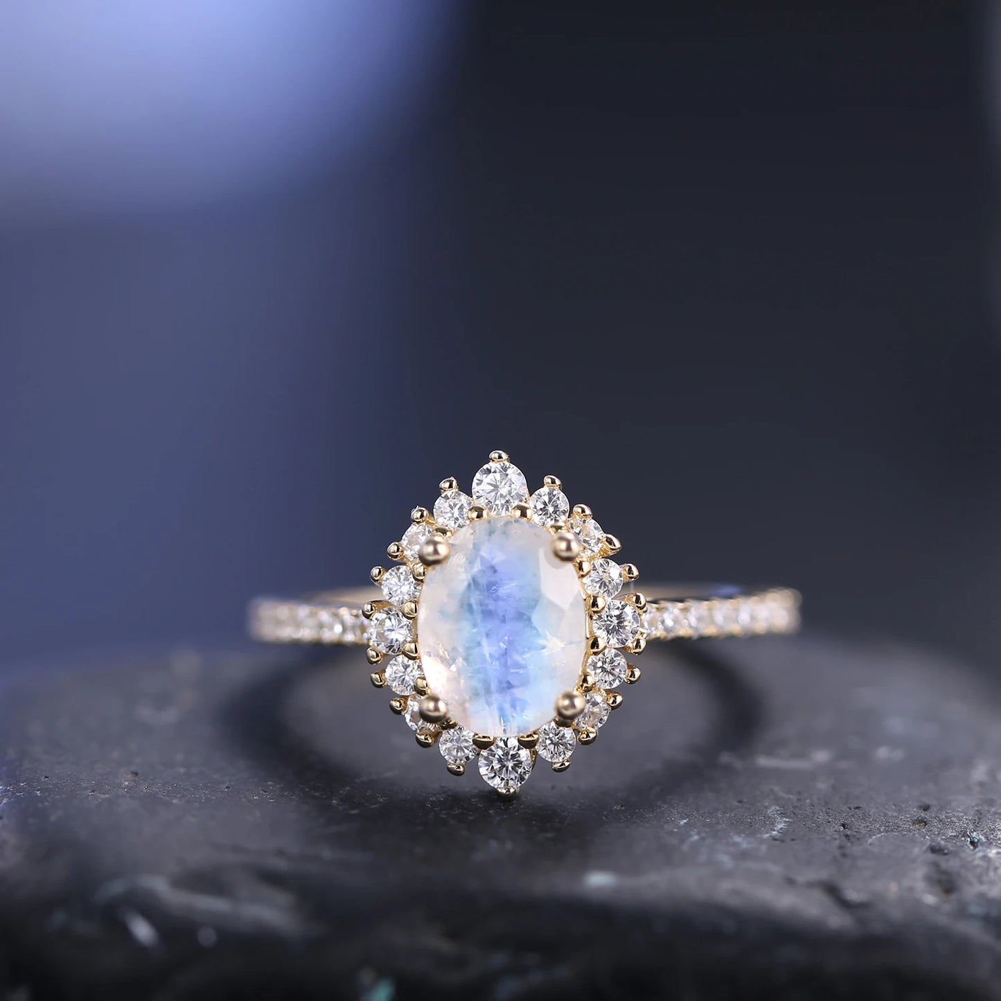 925 Sterling Silver Milky Blue Moonstone Halo Engagement Ring