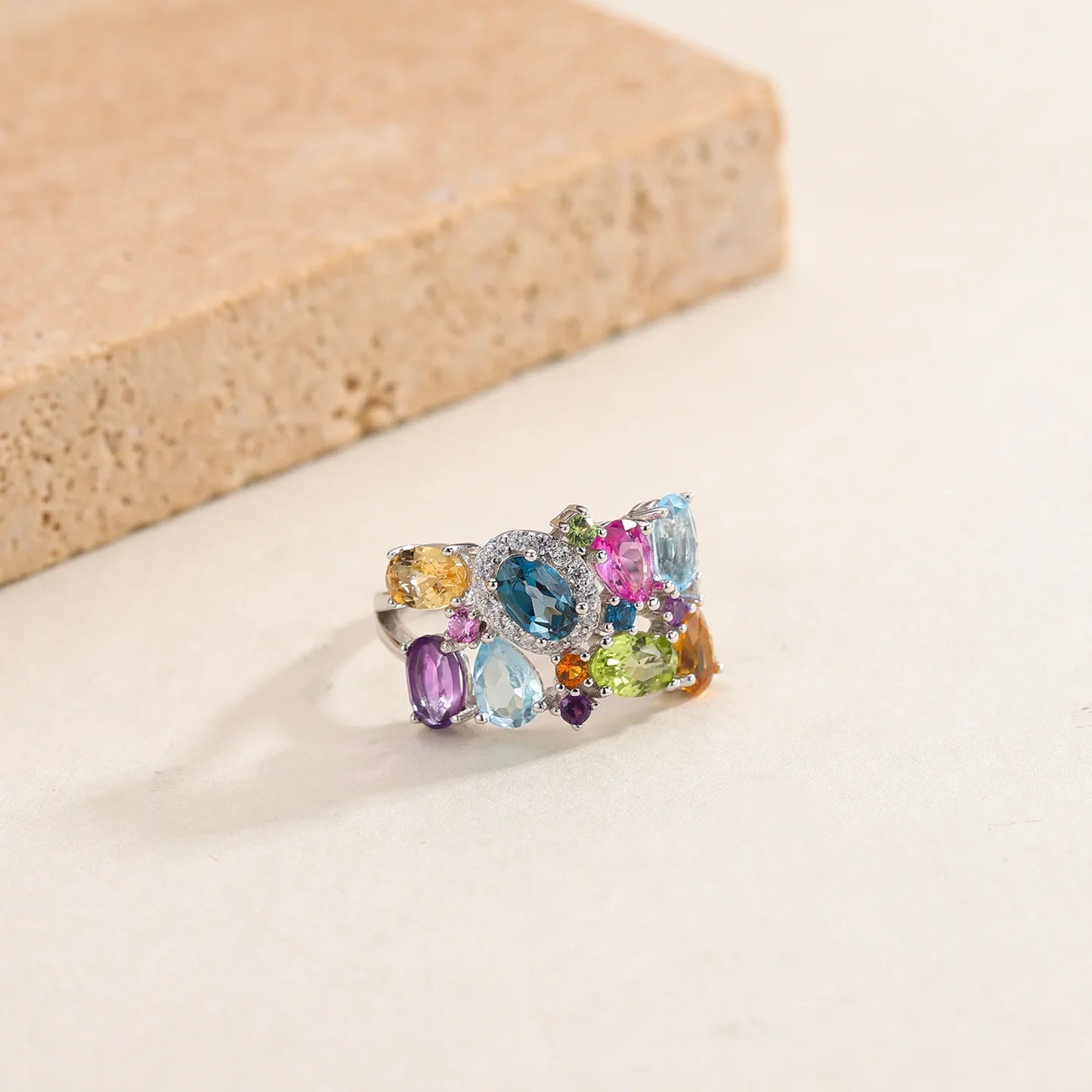 925 Sterling Silver Multicolor Gemstone Adjustable Ring