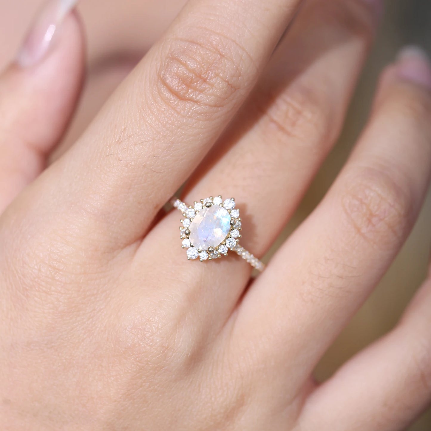 925 Sterling Silver Milky Blue Moonstone Halo Engagement Ring