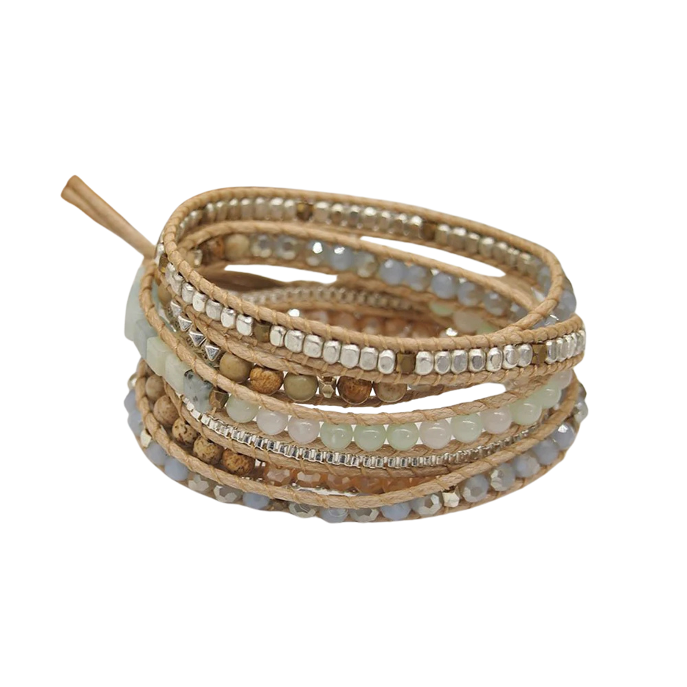 Natural Amazonite Mix 5 Wrap Bracelet – Boho Unisex Jewelry