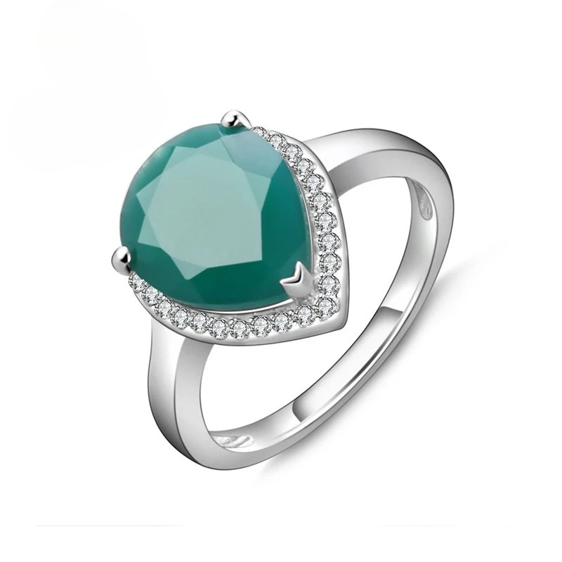 925 Sterling Silver 4.32Ct Green Agate Water Drop Ring – Certified Harmony