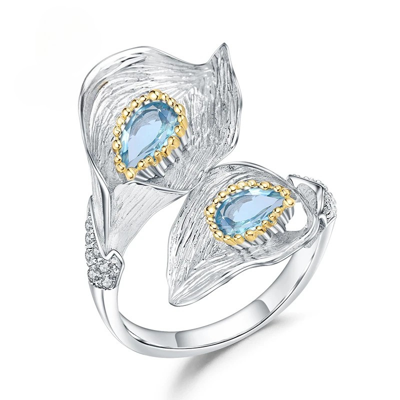 925 Sterling Silver 1.33Ct Swiss Blue Topaz Calla Lily Ring