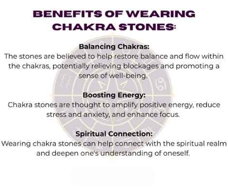 Chakra stones illustration with balancing chakras diagram background, text overlay reading "BENEFITS OF WEARING CHAKRA STONES" and benefits including balancing chakras to relieve blockages, boosting positive energy, reducing stress and anxiety, enhancing focus, and deepening spiritual connection and self-understanding.