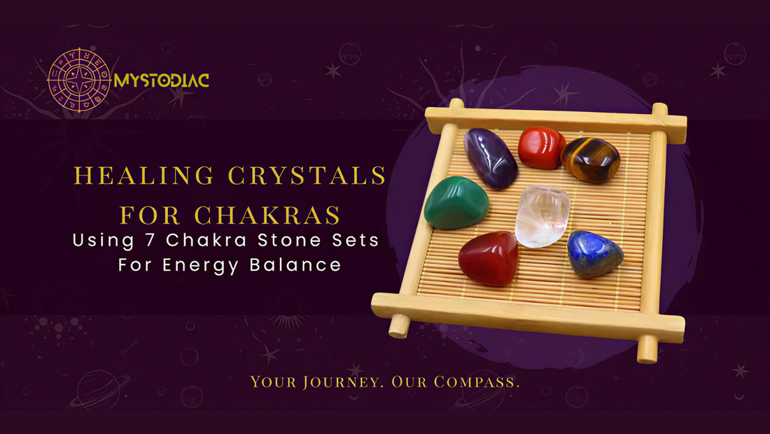 Seven chakra healing crystals aligned in order from root to crown, illustrating meditation, spiritual energy, and holistic wellness practices with vibrant red, orange, yellow, green, blue, indigo, and violet stones.