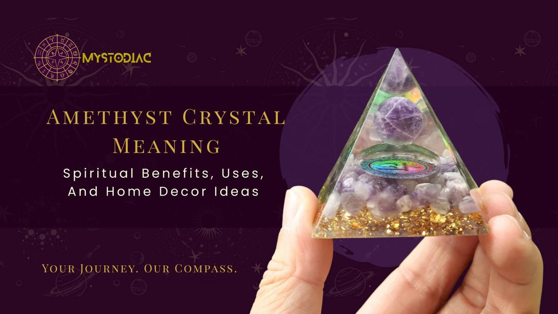Amethyst crystal used as a decorative piece in a calm home interior, known for its spiritual and healing properties.