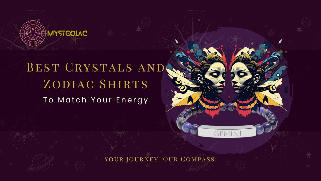 Crystals and zodiac shirts symbolizing astrology, energy, and personal style