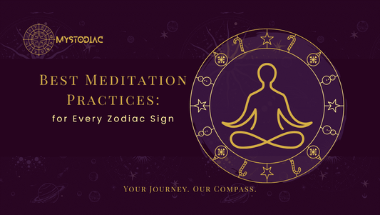 Best meditation practices for every zodiac sign featuring astrology symbols, constellations, and peaceful meditation