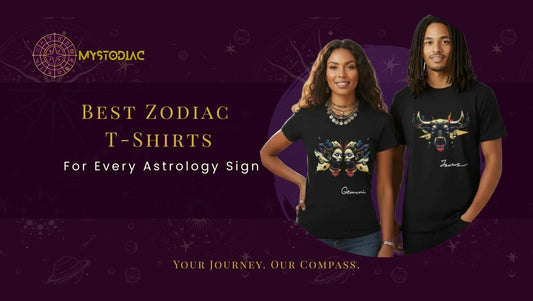 Collection of zodiac T-shirts featuring all 12 astrology signs in stylish celestial graphic designs
