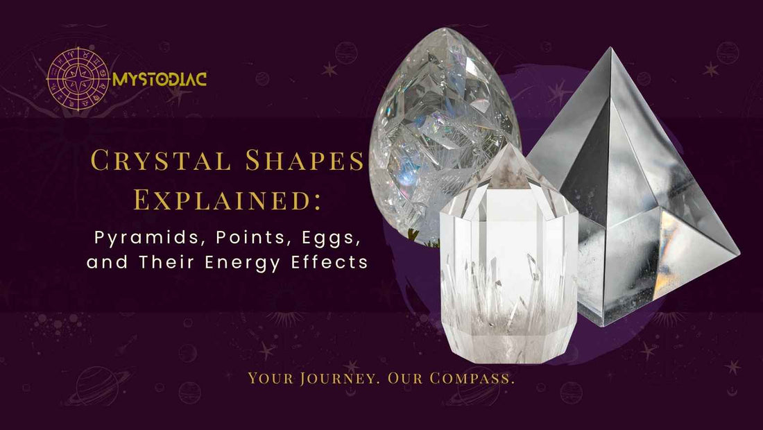 Healing crystals in pyramid point and egg shapes demonstrating energy flow and spiritual uses